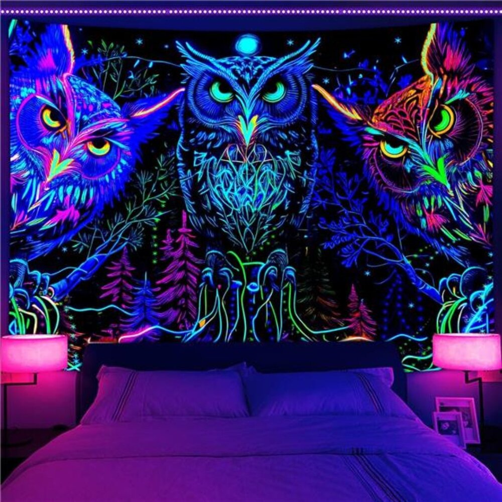 JAWO Blacklight Tapestry UV Reactive, Black Light Trippy Owl Forest Art